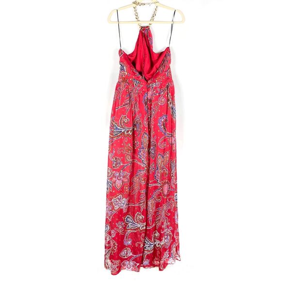 Dundas Jimi Maxi Dress Red Paisley Halter Gown Sleeveless Side‎ Slit Sz L - Picture 7 of 12